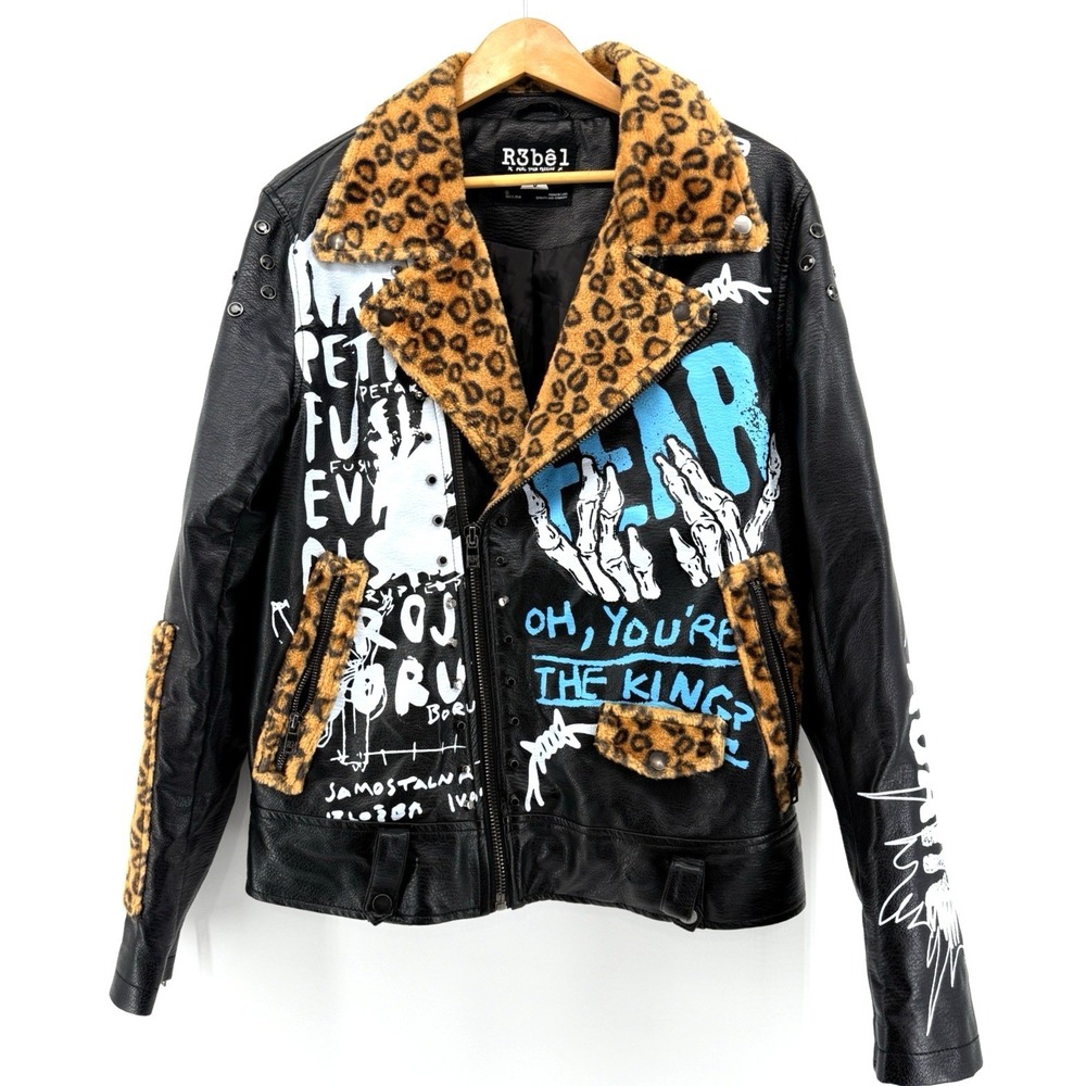 R3bel‎ Minds MENS "S" Pre-Owned Graffiti Faux Leather Leopard Collar Moto Jacket